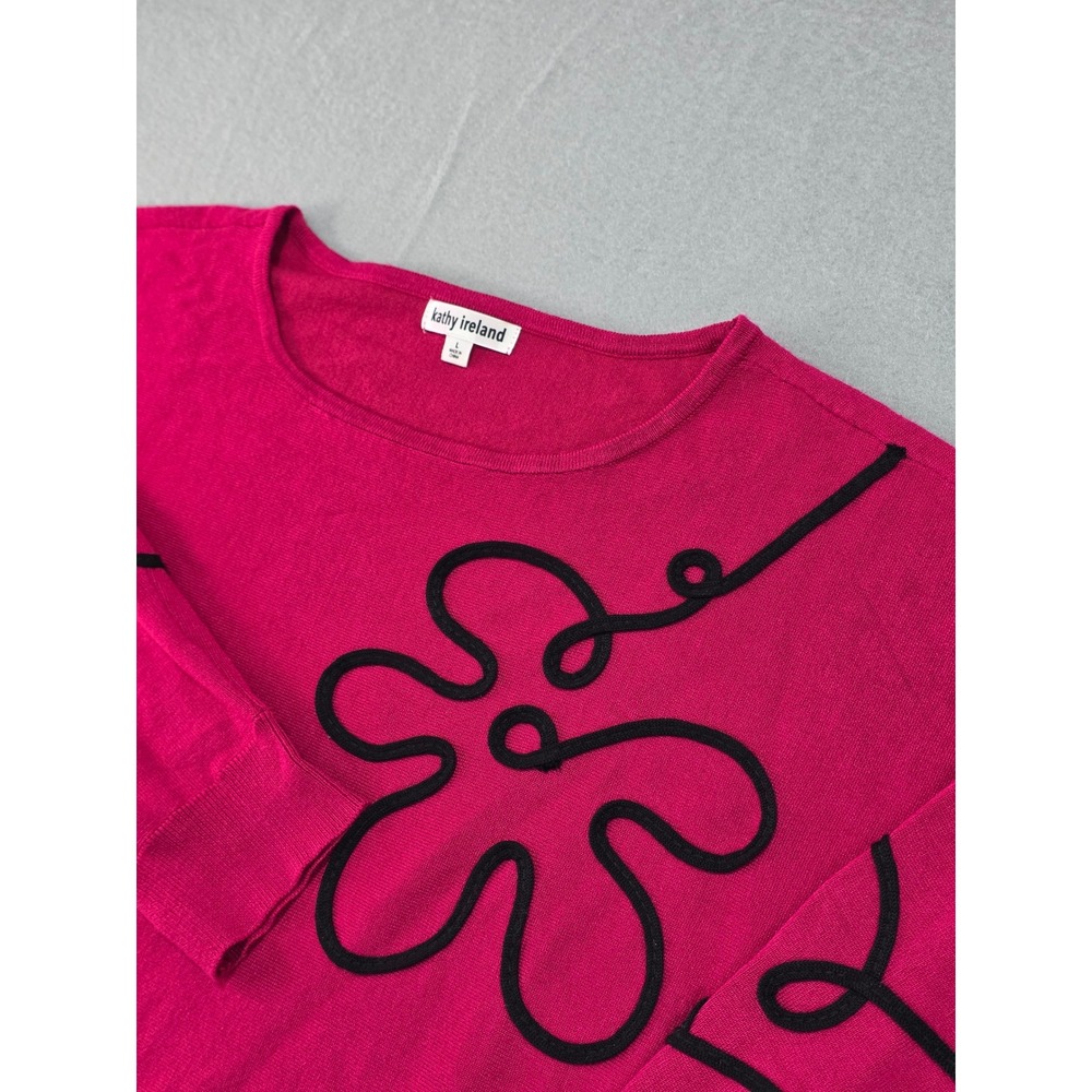 Kathy Ireland Womens Magenta Pink Floral Corded Applique Knit Sweater Large